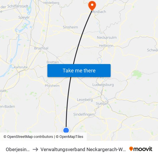 Oberjesingen to Verwaltungsverband Neckargerach-Waldbrunn map