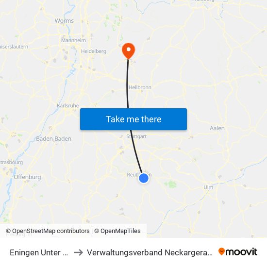 Eningen Unter Achalm to Verwaltungsverband Neckargerach-Waldbrunn map