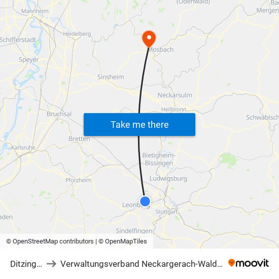 Ditzingen to Verwaltungsverband Neckargerach-Waldbrunn map