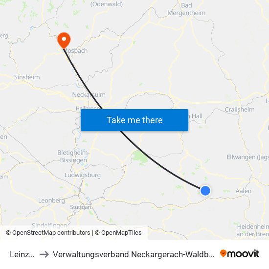 Leinzell to Verwaltungsverband Neckargerach-Waldbrunn map