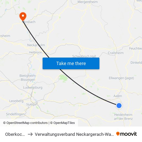 Oberkochen to Verwaltungsverband Neckargerach-Waldbrunn map