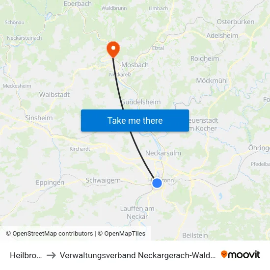 Heilbronn to Verwaltungsverband Neckargerach-Waldbrunn map