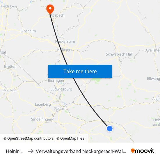 Heiningen to Verwaltungsverband Neckargerach-Waldbrunn map