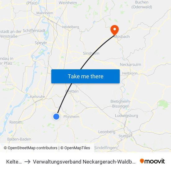 Keltern to Verwaltungsverband Neckargerach-Waldbrunn map