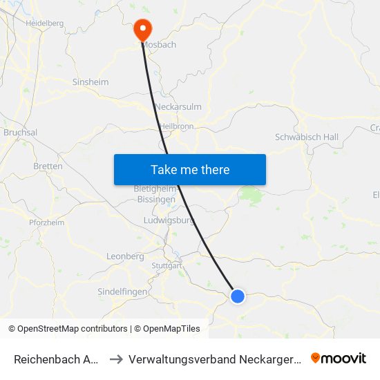 Reichenbach An Der Fils to Verwaltungsverband Neckargerach-Waldbrunn map