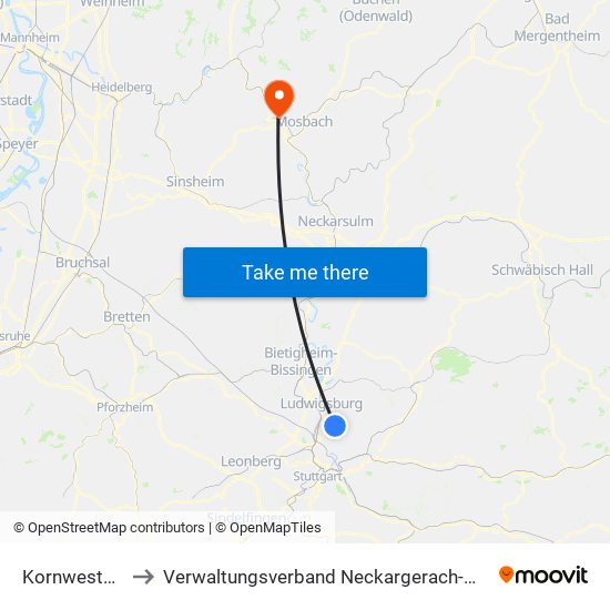 Kornwestheim to Verwaltungsverband Neckargerach-Waldbrunn map