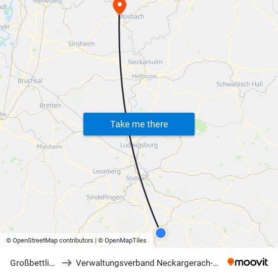 Großbettlingen to Verwaltungsverband Neckargerach-Waldbrunn map