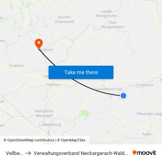 Vellberg to Verwaltungsverband Neckargerach-Waldbrunn map