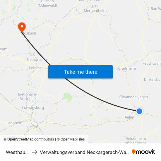 Westhausen to Verwaltungsverband Neckargerach-Waldbrunn map