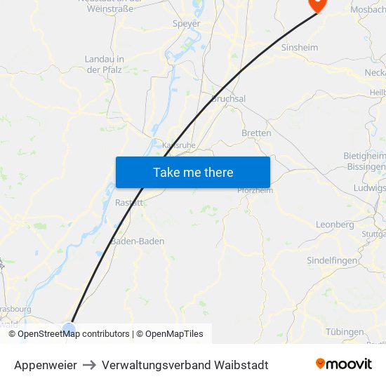Appenweier to Verwaltungsverband Waibstadt map