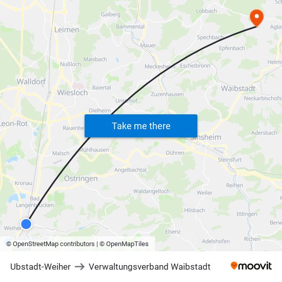 Ubstadt-Weiher to Verwaltungsverband Waibstadt map