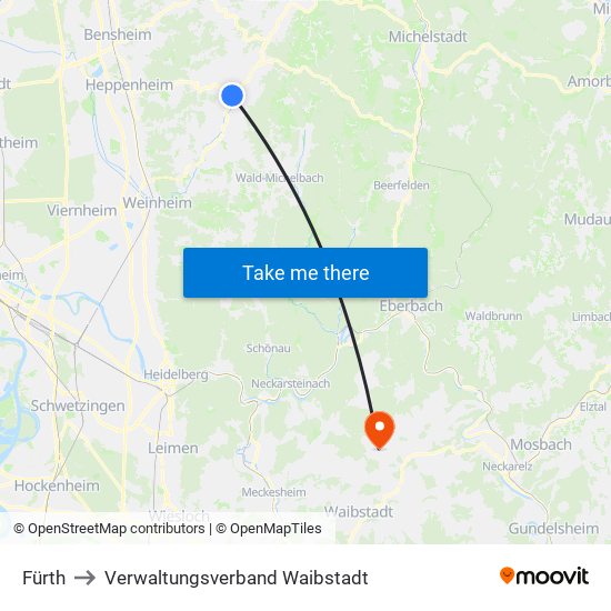 Fürth to Verwaltungsverband Waibstadt map