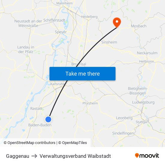 Gaggenau to Verwaltungsverband Waibstadt map