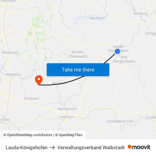 Lauda-Königshofen to Verwaltungsverband Waibstadt map