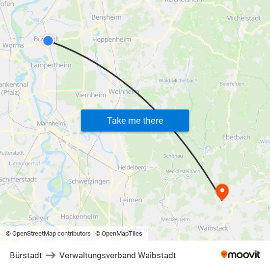 Bürstadt to Verwaltungsverband Waibstadt map