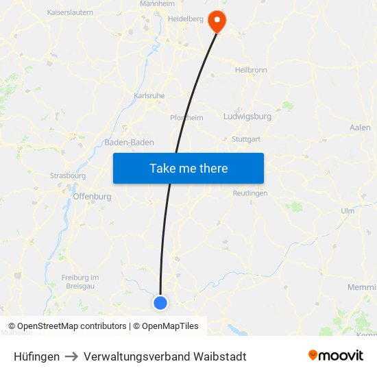 Hüfingen to Verwaltungsverband Waibstadt map