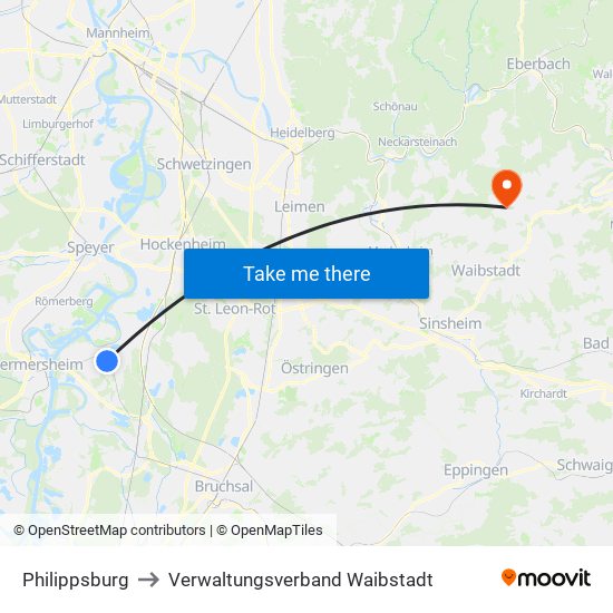 Philippsburg to Verwaltungsverband Waibstadt map