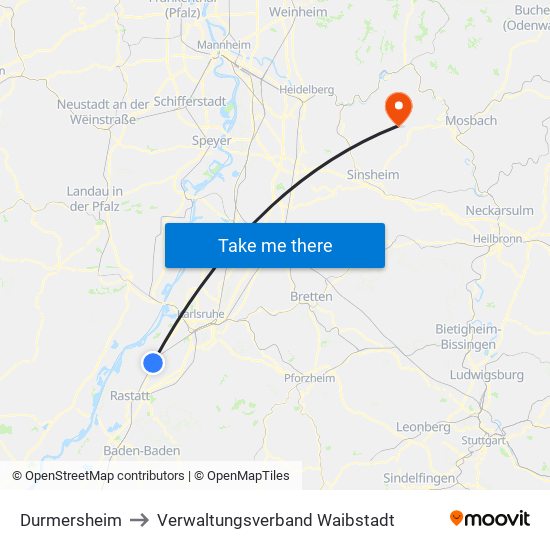 Durmersheim to Verwaltungsverband Waibstadt map