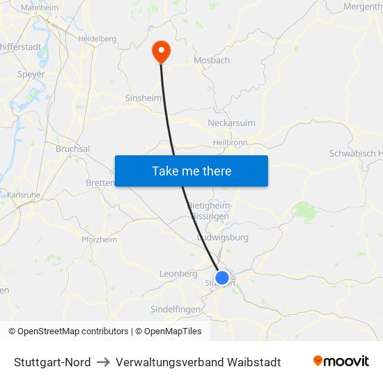 Stuttgart-Nord to Verwaltungsverband Waibstadt map