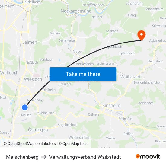 Malschenberg to Verwaltungsverband Waibstadt map