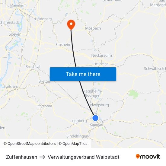 Zuffenhausen to Verwaltungsverband Waibstadt map