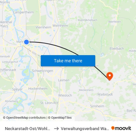 Neckarstadt-Ost/Wohlgelegen to Verwaltungsverband Waibstadt map