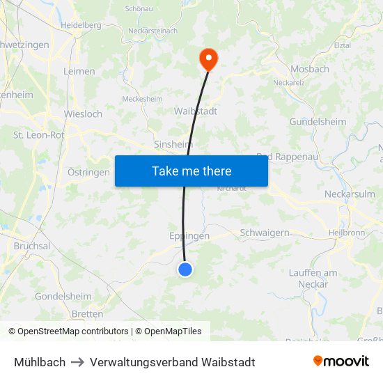 Mühlbach to Verwaltungsverband Waibstadt map