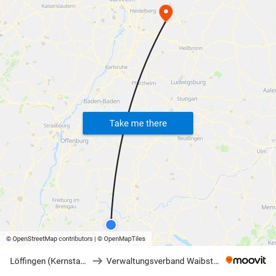 Löffingen (Kernstadt) to Verwaltungsverband Waibstadt map