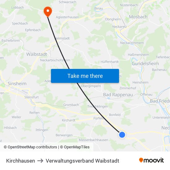 Kirchhausen to Verwaltungsverband Waibstadt map