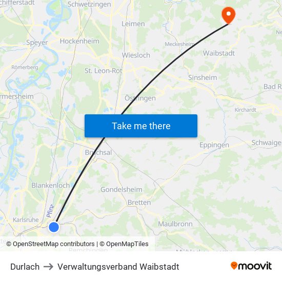 Durlach to Verwaltungsverband Waibstadt map