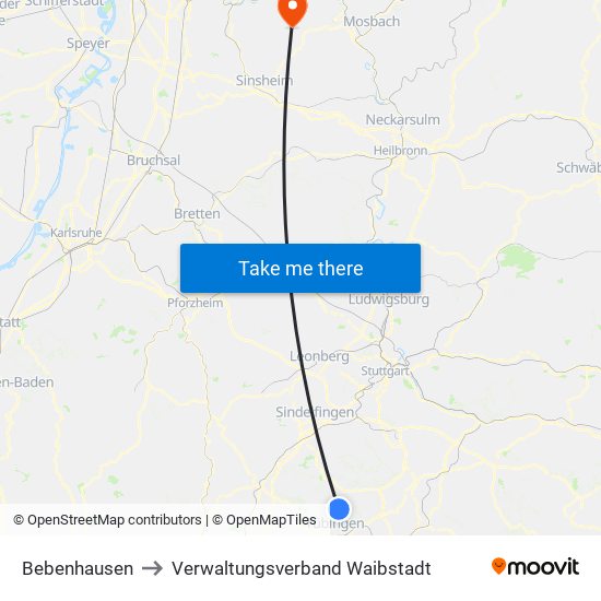 Bebenhausen to Verwaltungsverband Waibstadt map