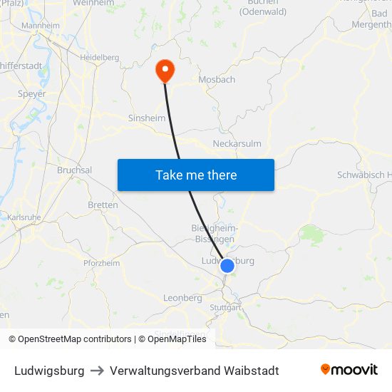 Ludwigsburg to Verwaltungsverband Waibstadt map