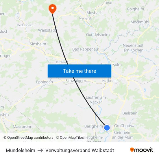 Mundelsheim to Verwaltungsverband Waibstadt map