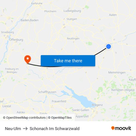 Neu-Ulm to Schonach Im Schwarzwald map