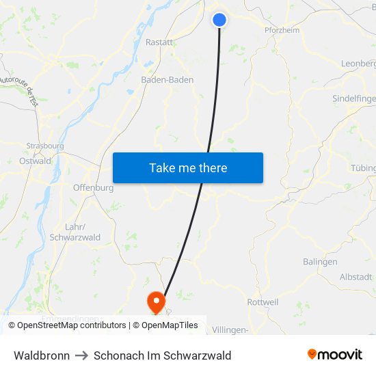 Waldbronn to Schonach Im Schwarzwald map