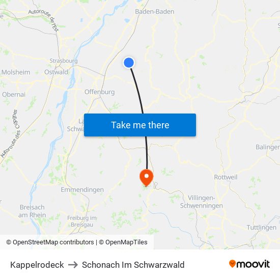 Kappelrodeck to Schonach Im Schwarzwald map