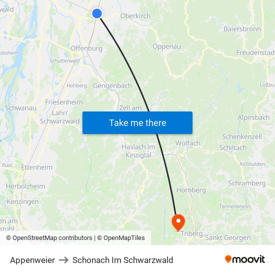 Appenweier to Schonach Im Schwarzwald map