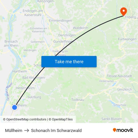 Müllheim to Schonach Im Schwarzwald map