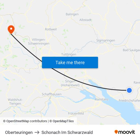 Oberteuringen to Schonach Im Schwarzwald map