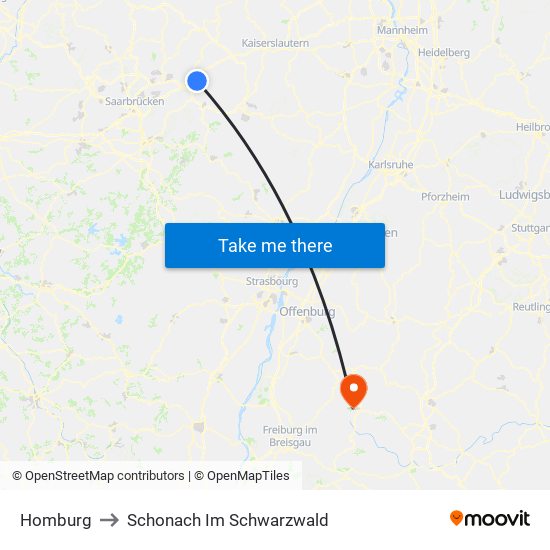 Homburg to Schonach Im Schwarzwald map