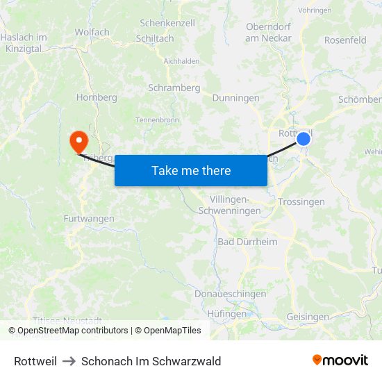 Rottweil to Schonach Im Schwarzwald map