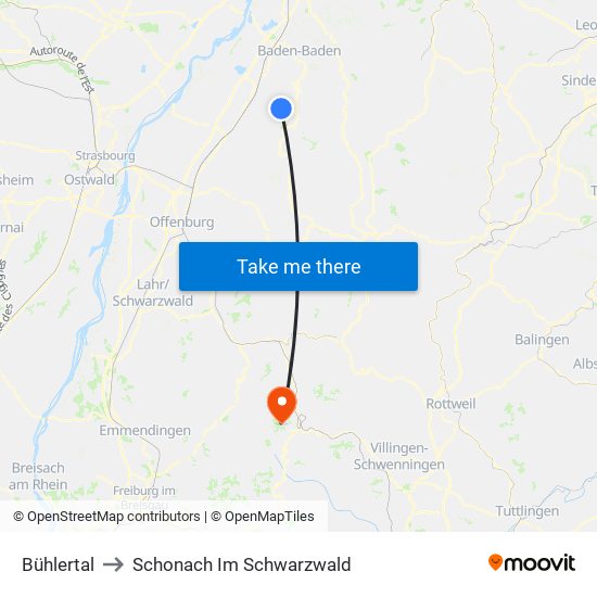 Bühlertal to Schonach Im Schwarzwald map