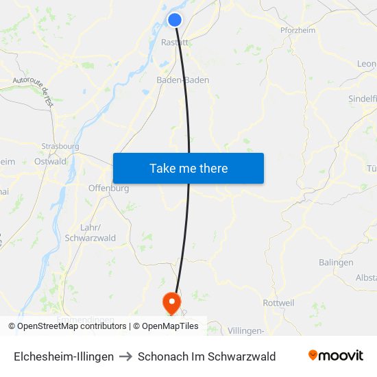 Elchesheim-Illingen to Schonach Im Schwarzwald map