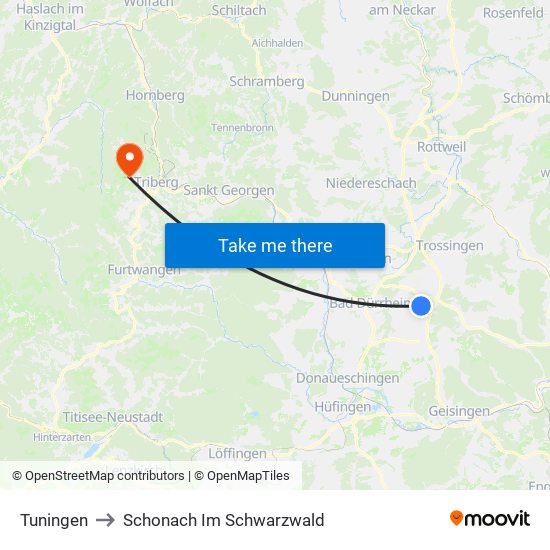 Tuningen to Schonach Im Schwarzwald map