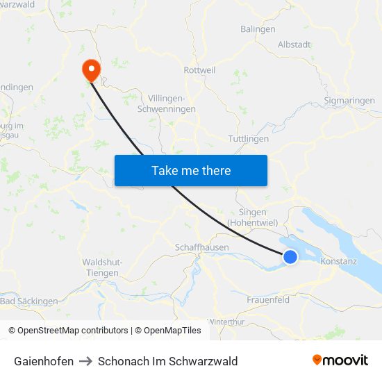 Gaienhofen to Schonach Im Schwarzwald map
