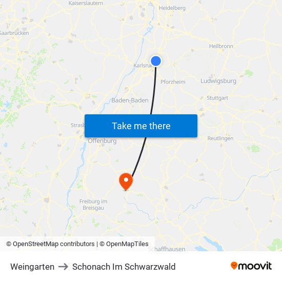 Weingarten to Schonach Im Schwarzwald map