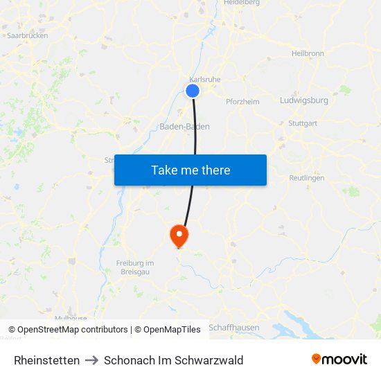 Rheinstetten to Schonach Im Schwarzwald map