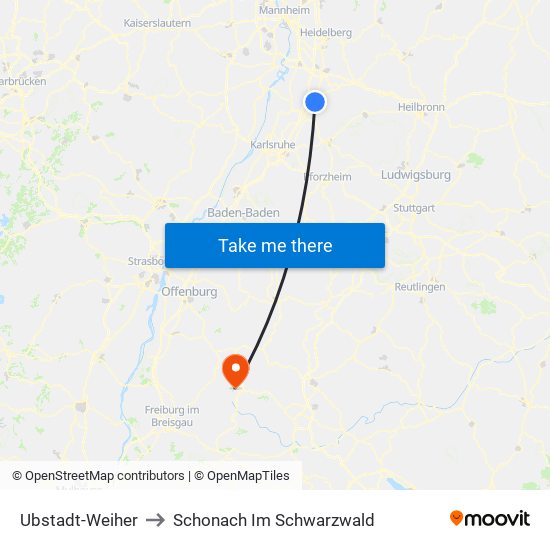 Ubstadt-Weiher to Schonach Im Schwarzwald map