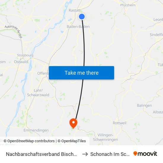 Nachbarschaftsverband Bischweier-Kuppenheim to Schonach Im Schwarzwald map
