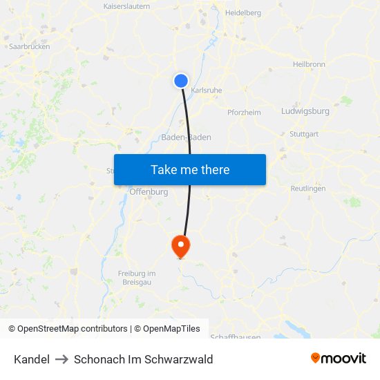 Kandel to Schonach Im Schwarzwald map